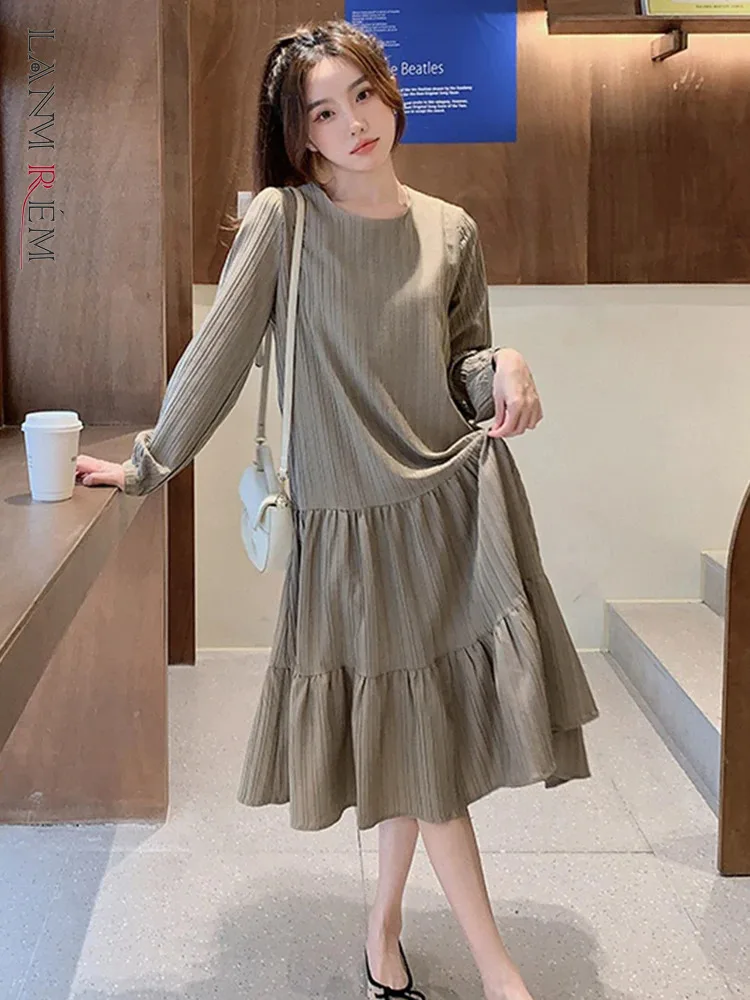 

LANMREM Casual A-line Women's Dress Round Neck Solid Color Loose Mid Length Dresses Fashion 2024 Spring New Clothing 2AA4903