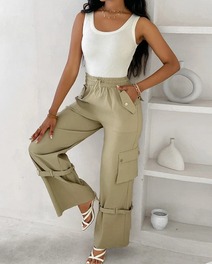 European and American women's 2024 summer new women's casual solid color button up drawstring suspender pants