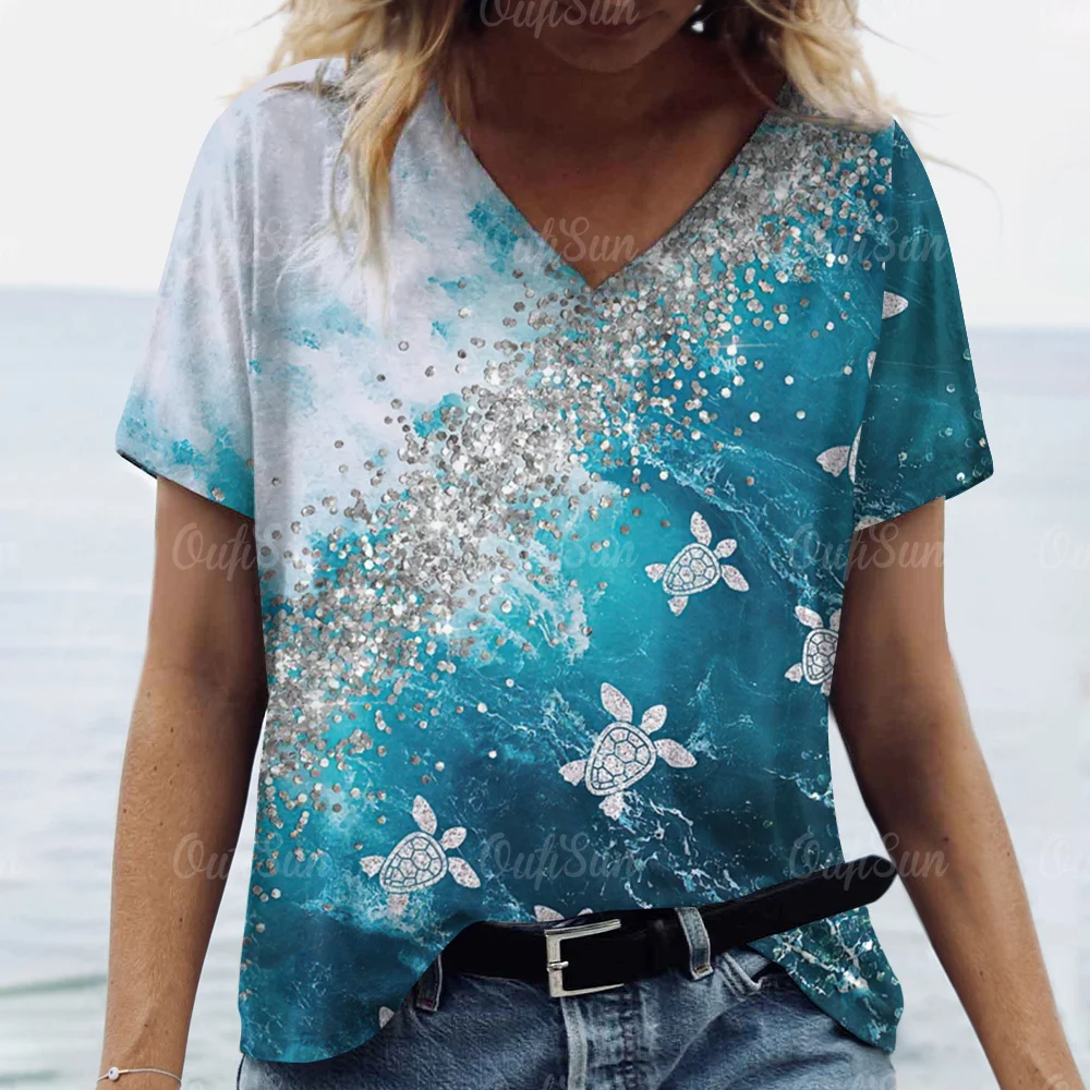 

2024 Top Women Sea Animals Printed T-Shirt For Women Oversized T-Shirts Women's Trending Clothing Summer Cheap Beach T-shirt