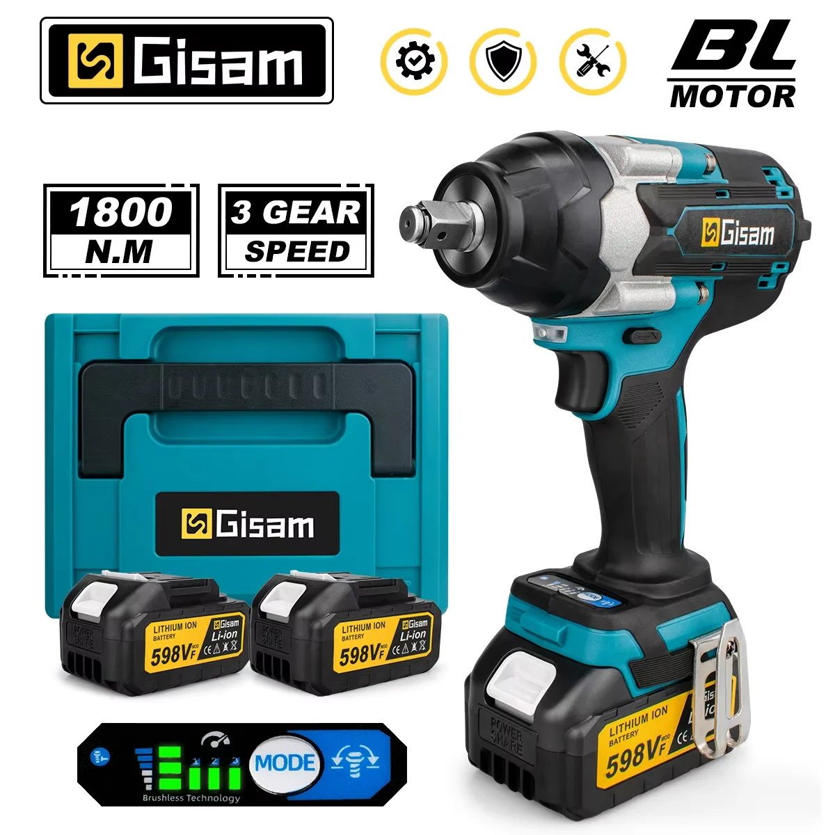 GISAM Chave de Impacto Elétrica Brushless 1800N.m 1/2'', chave sem fio de torque, parafusadeira compatível com pino de bateria Makita 18V