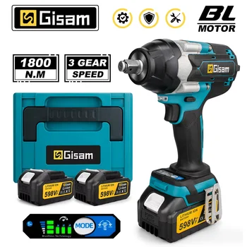 Gisam 1800N.M Torque Brushless Electric Impact Wrench 1/2 inch Screwdriver Cordless Wrench Power Tool For Makita 18V Battery Pin
