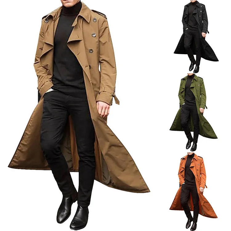 Men Trench Turn Down Collar Long Coat Button Jackets Full Sleeve Casual Solid Coats Straight Pocket Male High Street