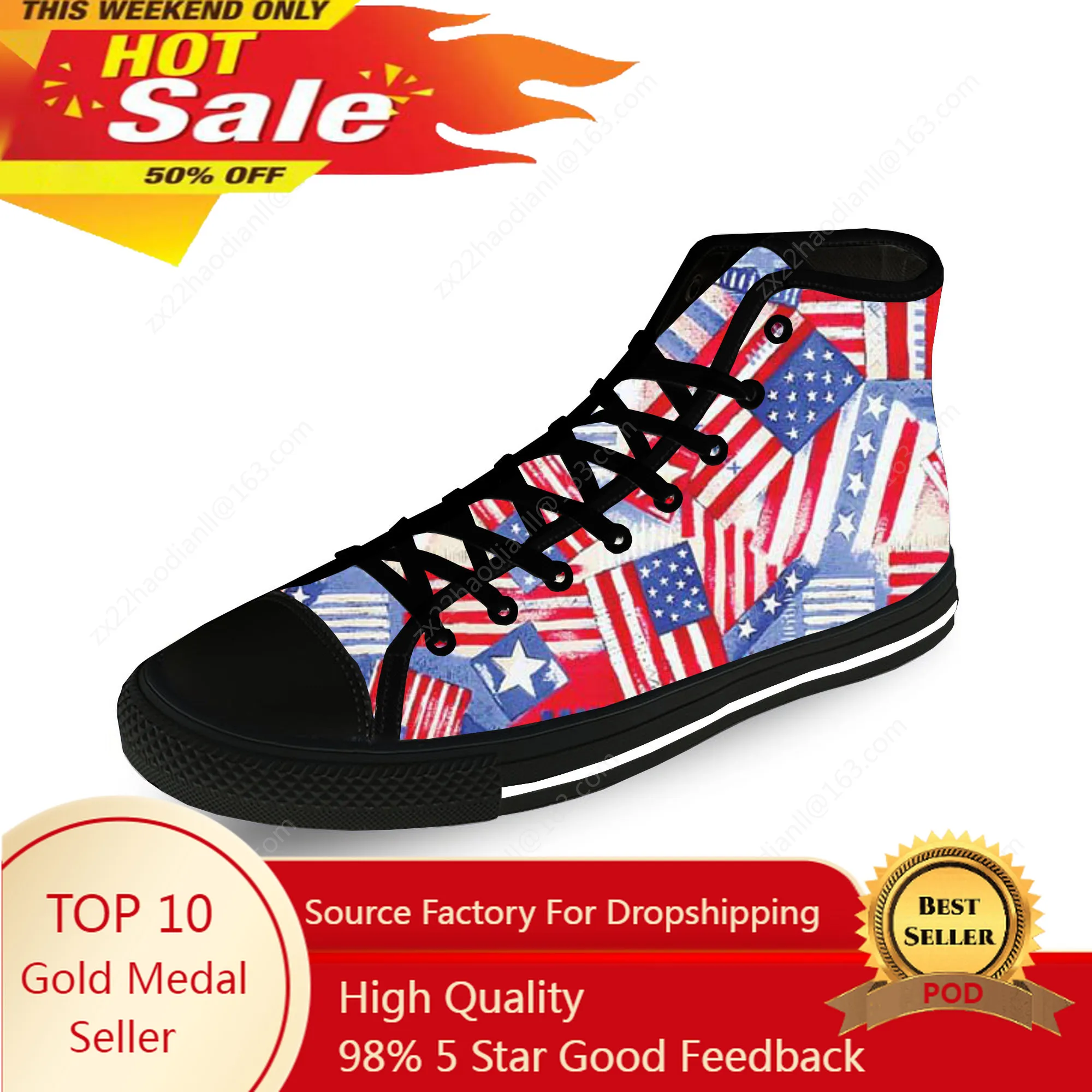 USA American Flag Stars Patriotic Lightweight Cloth 3D Print Fashion High Top Canvas Shoes Men Women Casual Breathable Sneakers