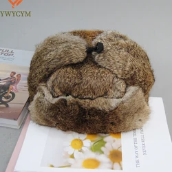 Rabbit Fur Cap Man Winter Genuine 100% Fur Bomber Hat Windproof Warm Earmuffs Male Flat Grey/Black Russian Hat Fitted Casquette