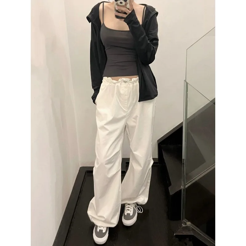 Deeptown White Basic Women Casual Pants Elastic Waist Baggy Sweatpants Korean Style Streetwear Summer Oversized Trousers Hippie