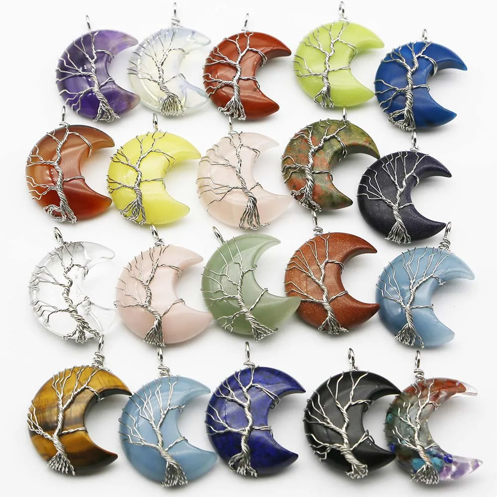 Natural Stone Crystal Agate Moon Necklace Pendant Life Fortune Tree Handmade Silver Winding Wire Fashion Charm Jewelry Gift 4Pcs