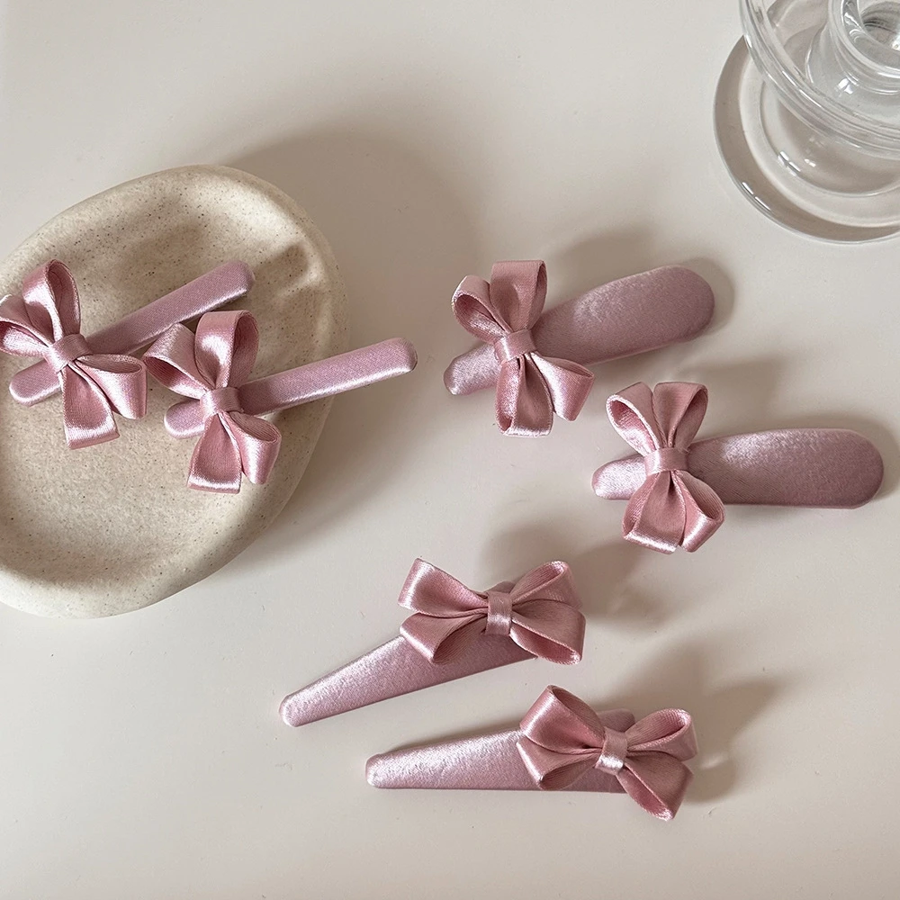 Korean 2026 Trend Elegant Pink Satin Bow Hair Clips Sweet Ribbon Barrettes
