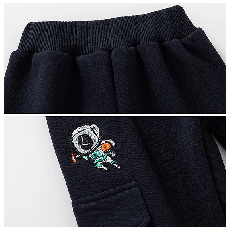 XUANMU Boy Embroidered Cartoon Fleece-Lined Casual Pants Fall Winter Kids Fashion Elastic Waist Cuffed Sports Trousers XB084_viptrois.com