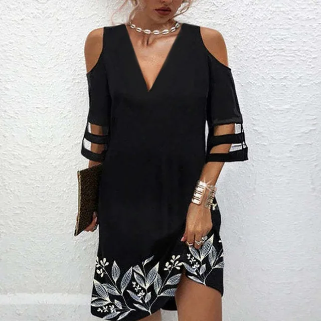

2023 Spring/Summer European and American New Fashion V-neck Printed Mesh Splice Split Sleeve Casual Elegant Women's Dress