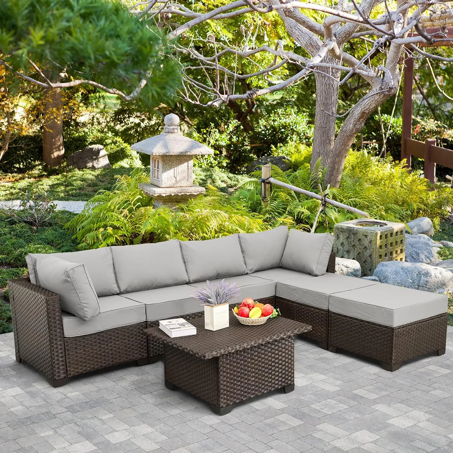 

Outdoor Patio Rattan 7 Piece Sectional Set PE Wicker Conversation Sofa w/ Lifted/ Fire Pit Table,Non-Slip 5" Thick Grey Cushion