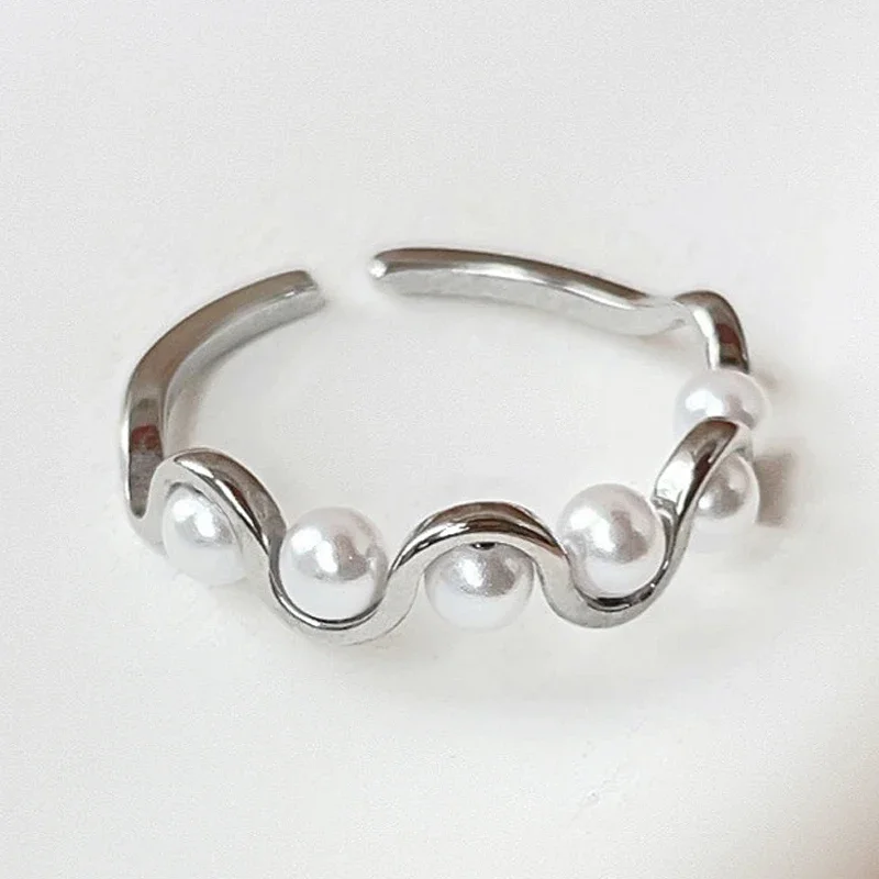 High End PVD fashion Opening Wave Pearl Rings Stainless Steel Gold Silver Color Adjustable For Women Metal Jewelry 6