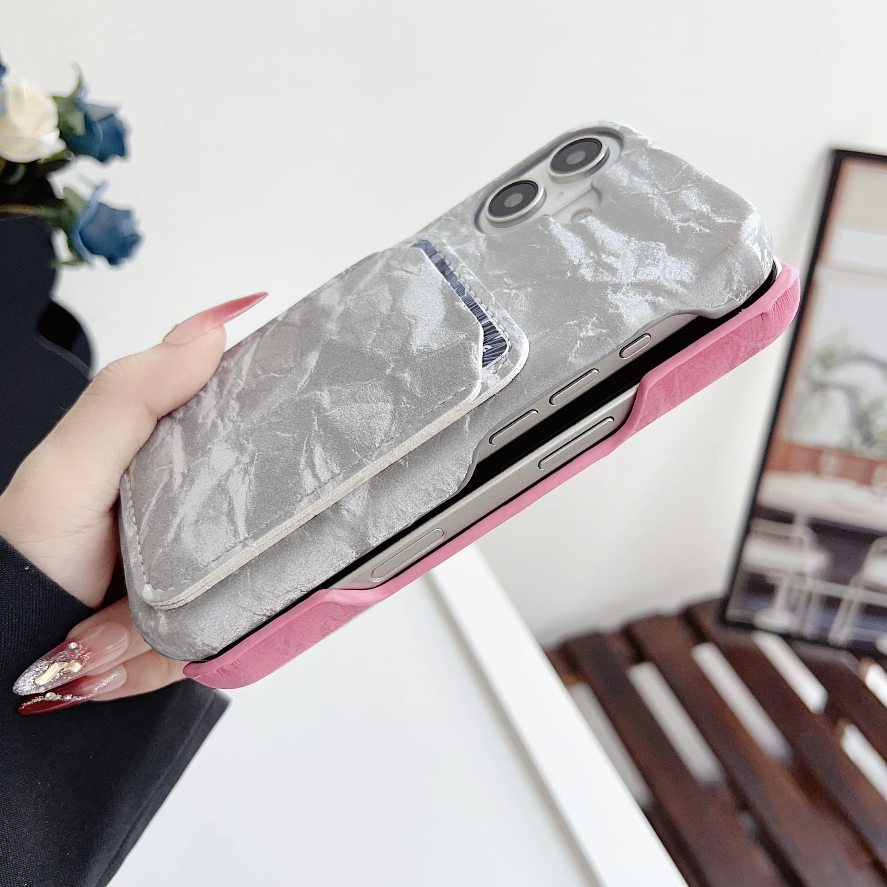 Luxurious Korean Satin Silk Texture Card Holder Wallet Phone Case - Smooth Shockproof Hard Back Cover
