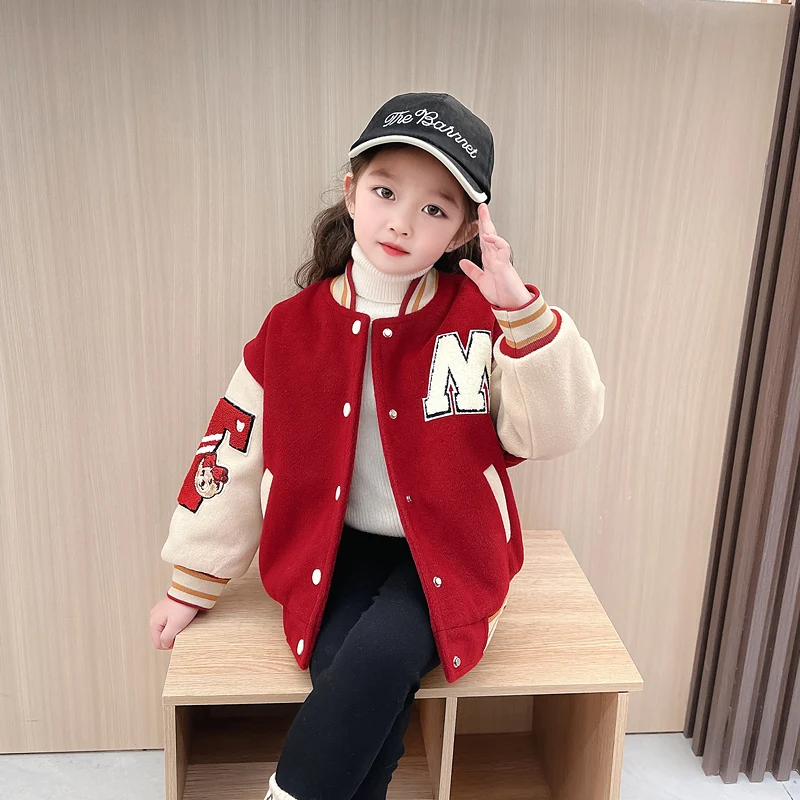 

Girls Red Bomber Jackets 2023 Winter Children Girls Padded Baseball Uniform Kids Letter Pattern Coats Teens Girls Warm Outerwear