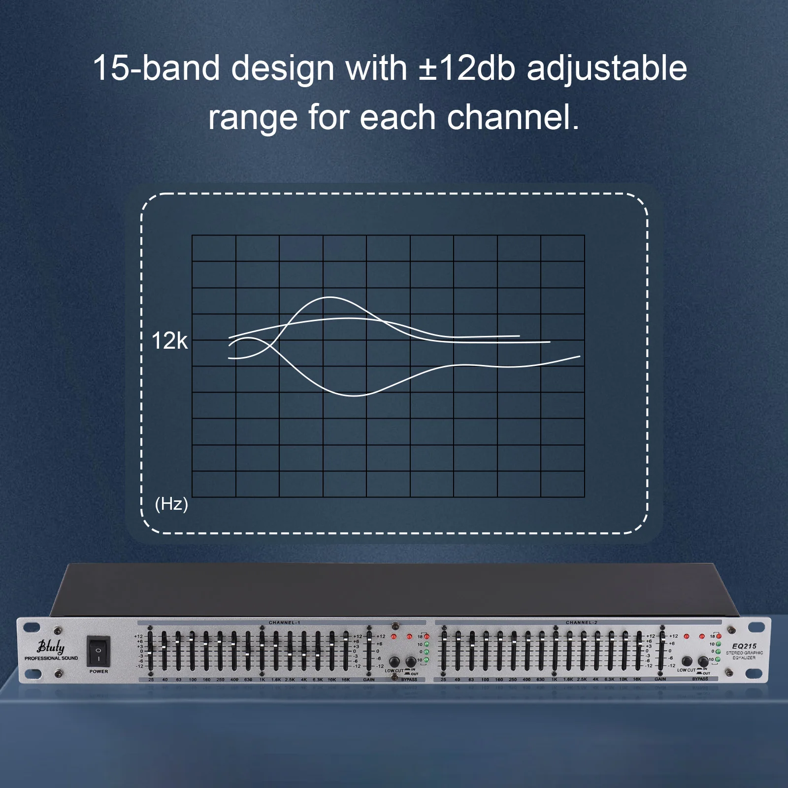 Btuty EQ-215 Dual Channel 15-Band Equalizer 1U Rack Mount 2-channel Stereo Graphic Equalizer 110-240V