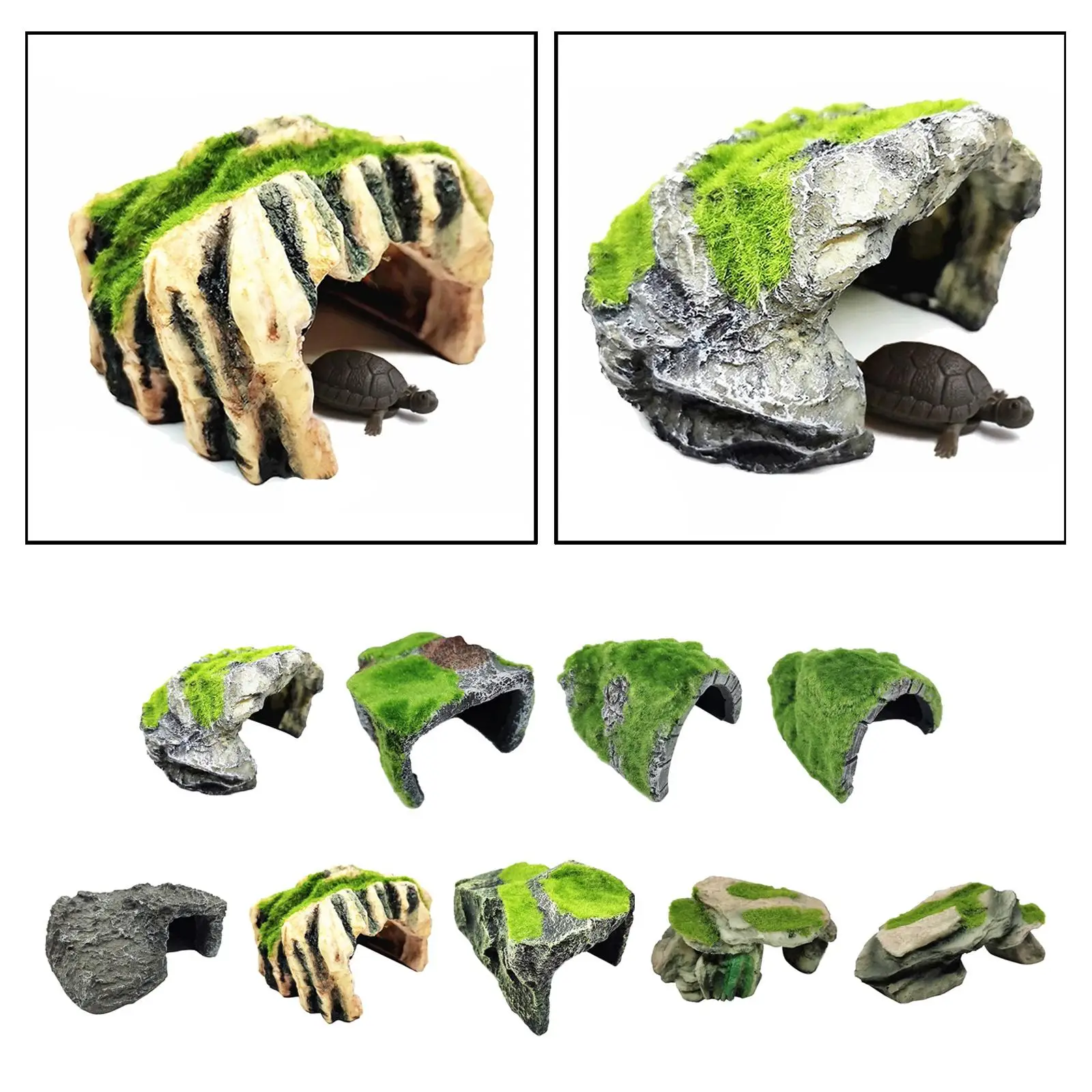 Simulate Moss Rockery Stone Reptile Hiding Cave Snake Turtle Hide Rest Fish Tank Landscaping Aquarium Decor