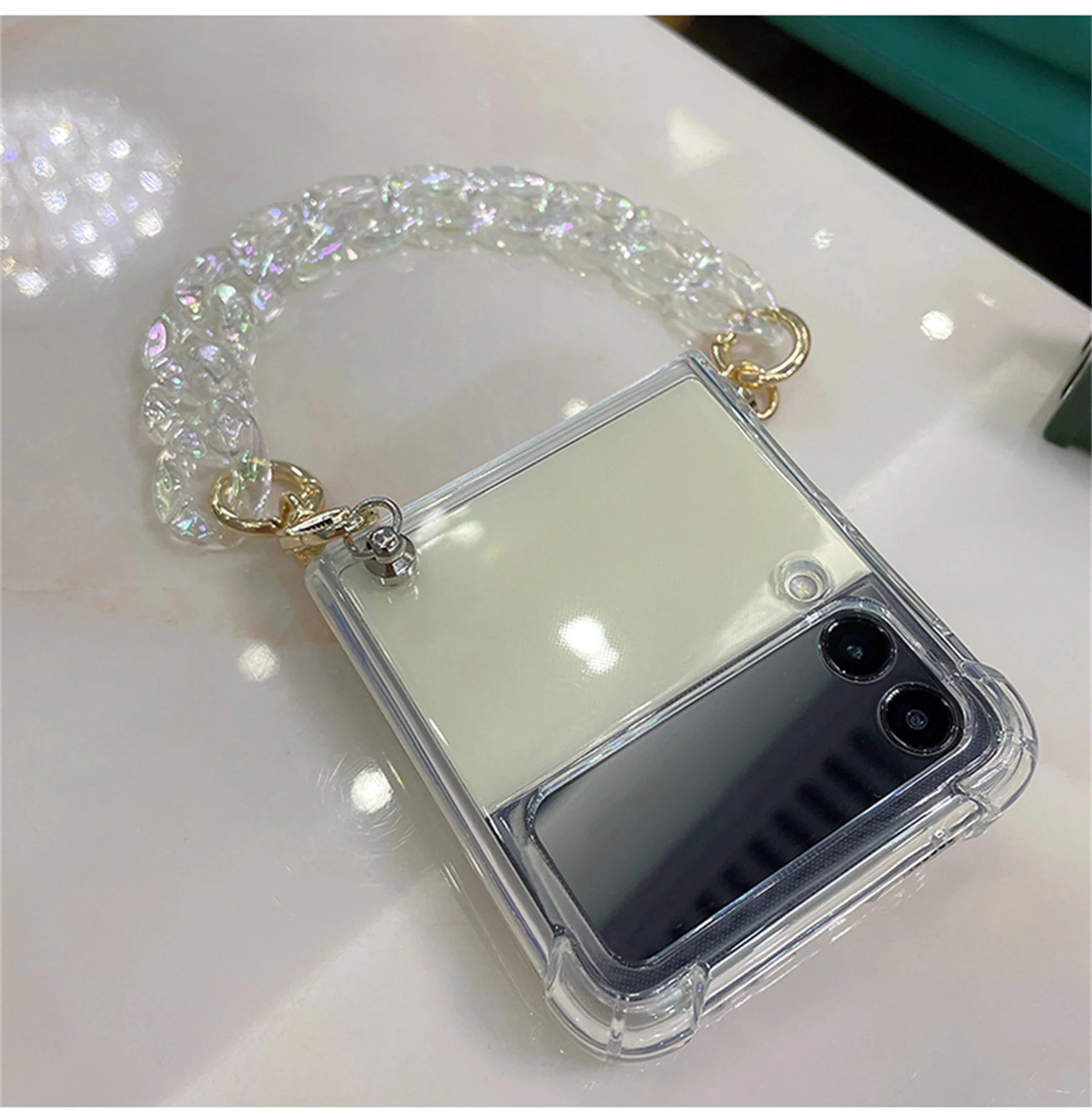 Luxury Korean laser Wrist Bracelet Chain Transparent Phone Case for Samsung Galaxy Z Flip 3 5G Z Flip3 Zflip3 Shockproof Cover galaxy z flip3 5g case