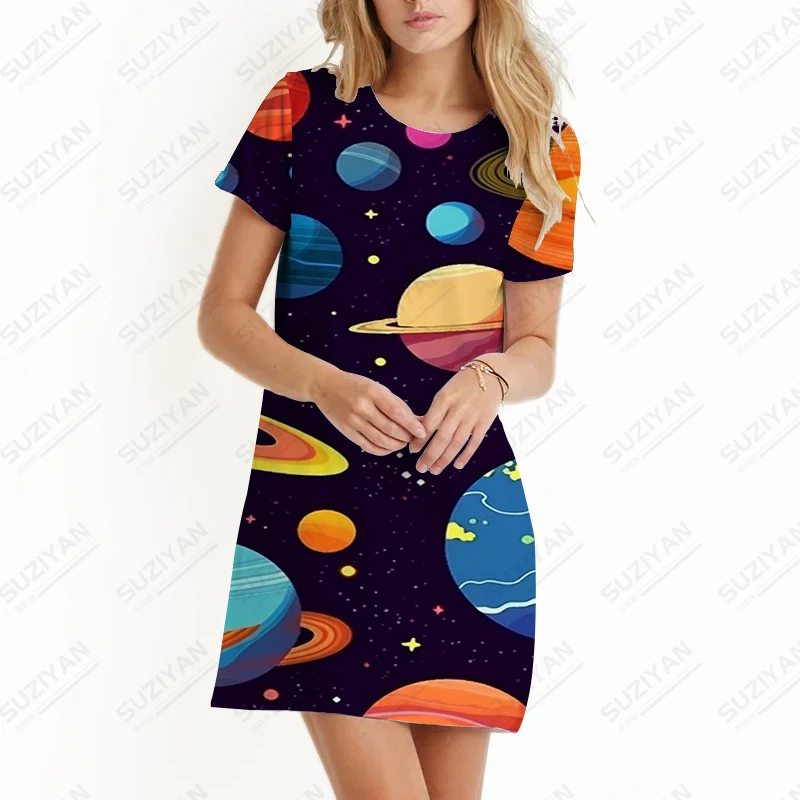 

Женское удобное простое платье, маленькое платье с 3D принтом астероида, домашнее Повседневное платье с коротким рукавом, новое летнее платье с круглым вырезом