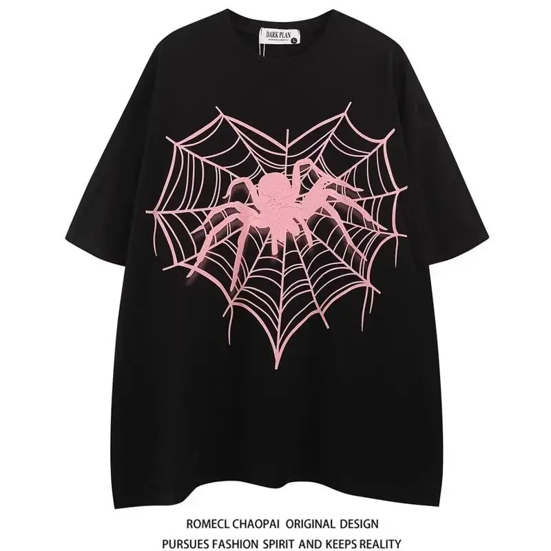 

American retro hip-hop men and women high street personalized spider letter print short sleeved loose casual T-shirt top y2k