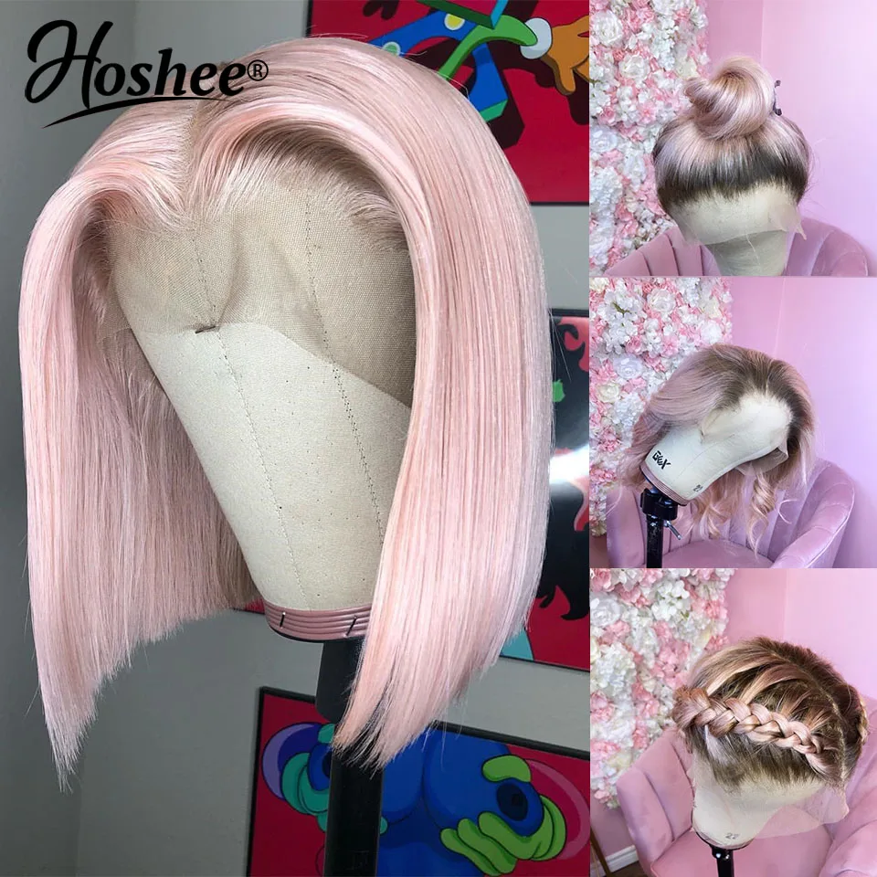 Ombre Light Pink Short Bob Wigs Human Hair For Women 13X4 Lace Frontal Bob Wigs Colored Part Lace Pre-Plucked
