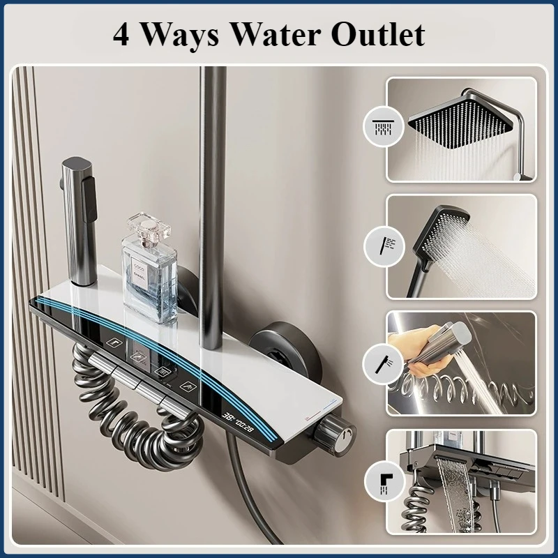 Bathroom Piano Key Smart Temperature Display Luxury Shower Set Wall Mounted 4 Ways Water Outlet Rainlfall Shower Faucet System 2