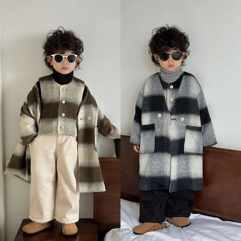 

2023 Spring Autumn Girls Boys Two Piece Sets Stripe Long Coat Vest Fashion Unhooded No Collar Fashion All-match