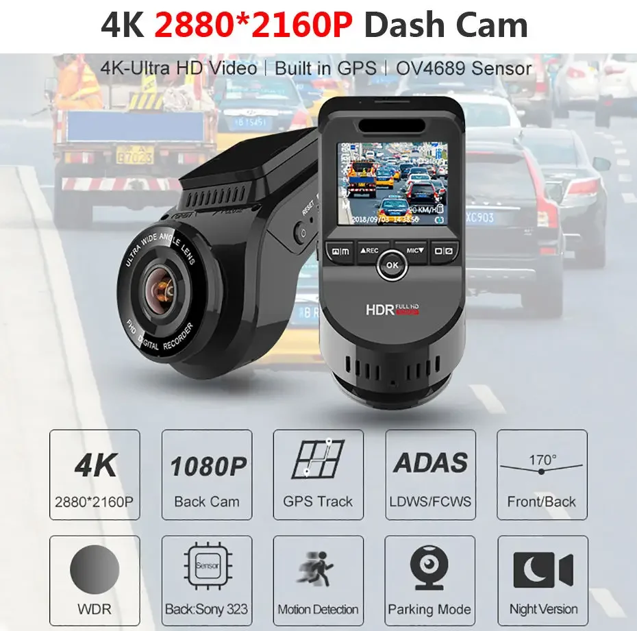 

Новый 4K IMX323 датчик Ultra HD 2160P 60fps Автомобильный видеорегистратор с двумя объективами с GPS ADAS 1080P задняя камера ночного видения