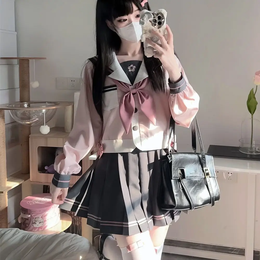 JK Short Skirt Suit Girls Long Sleeve Navy Collar Bow Collegiate Style Sailor Clothes Goldfish Bow Tie