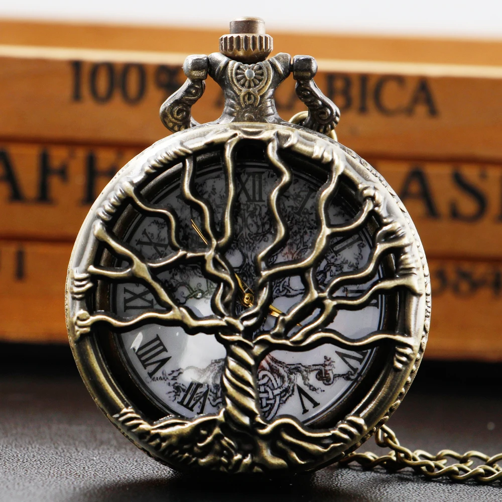 

Bronze Antique Life Tree Design Quartz Pocket Watch with Necklace Pendant Steampunk Unique Chain Watch Gifts for Men Women