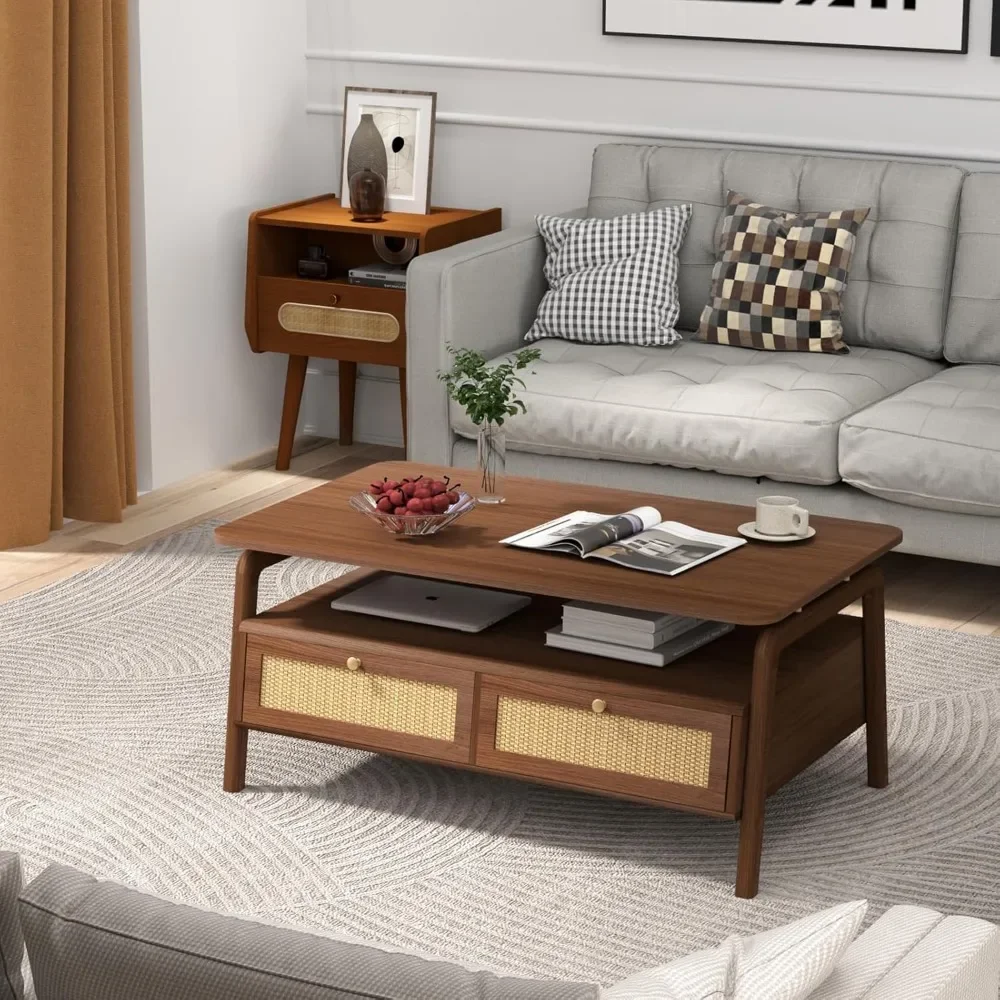 Mid Century Modern Coffee Table with 4 Rattan Drawers,Coffee Tables for Living Room,Convenient for Eating,Gaming,or Working 4