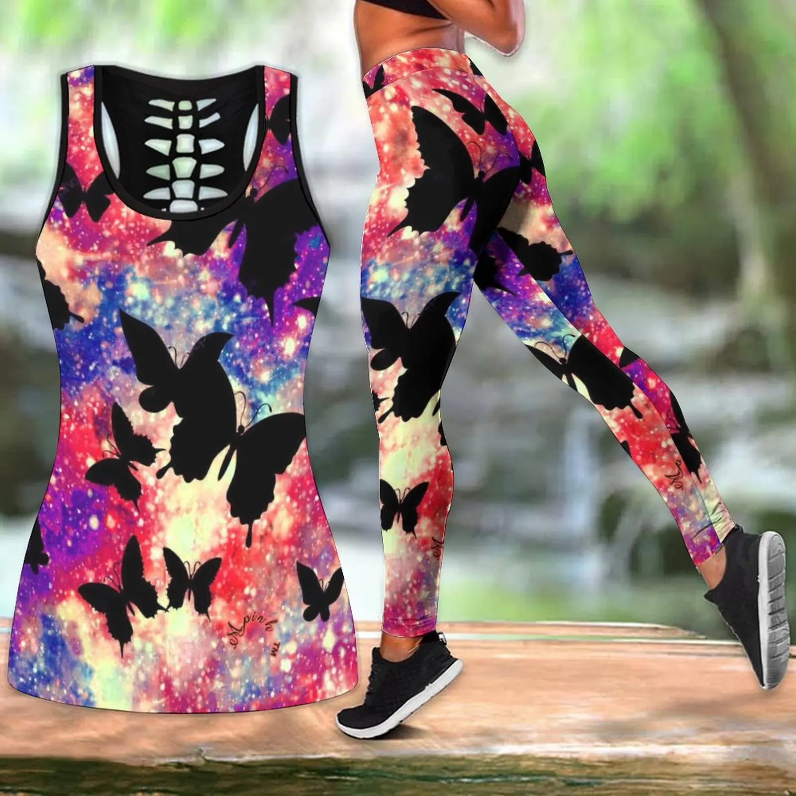 

Women's Summer Fashion Butterfly Starry Sky Colorful Print Yoga Outfit Hollow Out Tank Top Leggings Yoga Pants Set