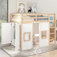 Twin Size Loft Bed with Built-in Wardrobe and 2 Windows,Solid Wood Loft Bed Frame with Safety Guardrail for Kids Teens Boys 1