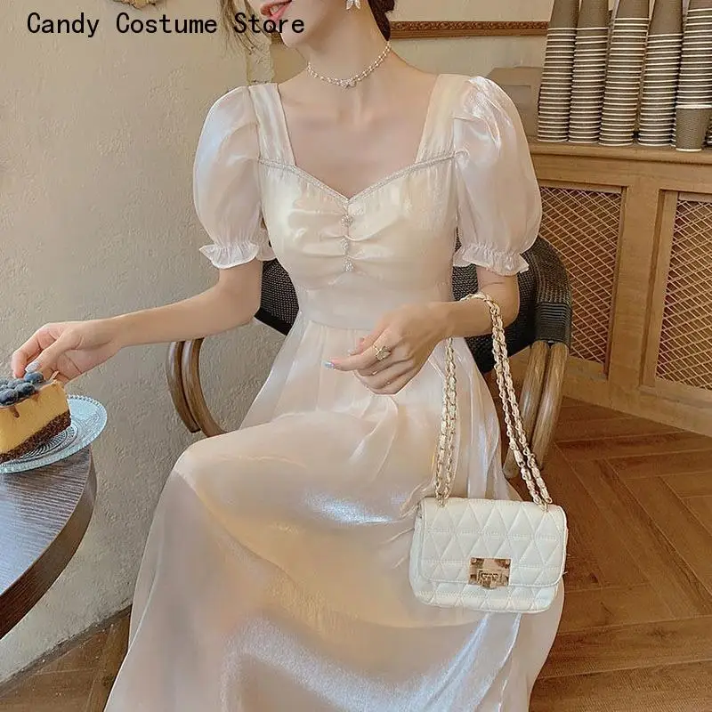 

Luxury Evening Dress for Women Waist Slim Bow Silk Square Neck Puff Sleeves Bright Women's Summer Dress 4Xl