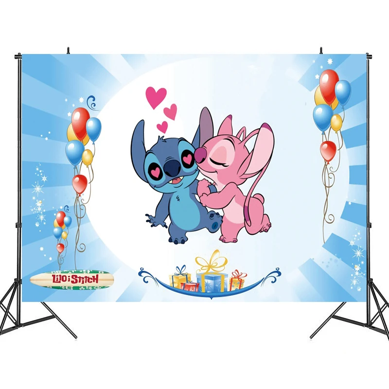 thumbnail image 1 of Fondo de ángel de Lilo y Stitch de Disney personalizable gratis, decoraciones para fiesta de feliz cumpleaños, suministros para fiesta de baby shower, 1 of 5
