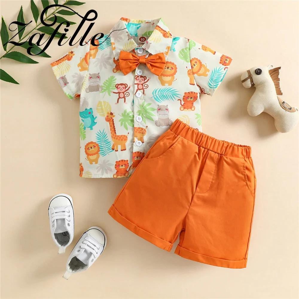 Zafille Summer Kids Boys Clothing Set Animals Printed Top+solid Pants Genleman Baby Clothes 15y