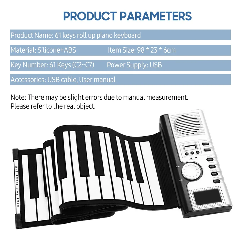 Customizable 61 Keys Roll Up Piano Keyboard Portable Soft Silicone Electronic Piano with Built-in Speaker LCD Display Recording