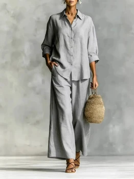 Plus Size New Women's Casual Two Piece Set 7-Sleeve Shirt & Wide Leg Pants Loose Soft Daily Lounge Outfits