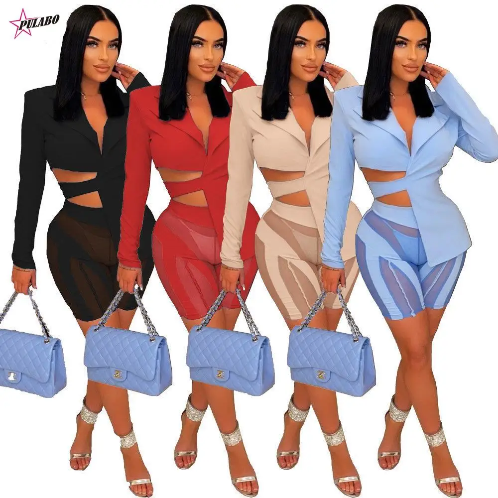 

PULABO Women Solid Blazer Suit 2 Piece Sets Notched Long Sleeve Lace Up Bandage Asymmetrical Top Sheer Mesh Patchwork Shorts