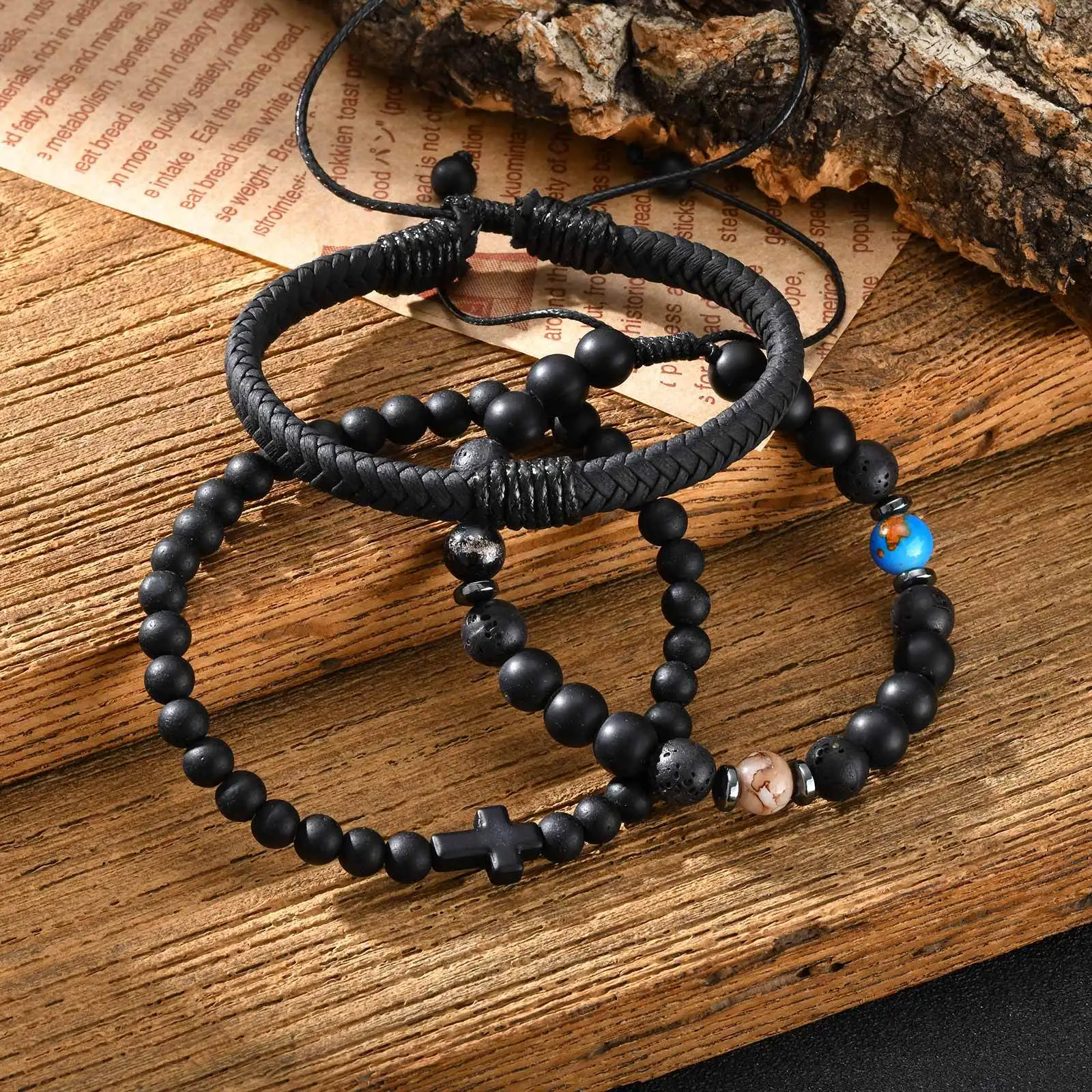 3pcs Punk Men's Bracelet,Black Color Natural Stone Beaded Bracelet,Cross Charm Wristband Gift