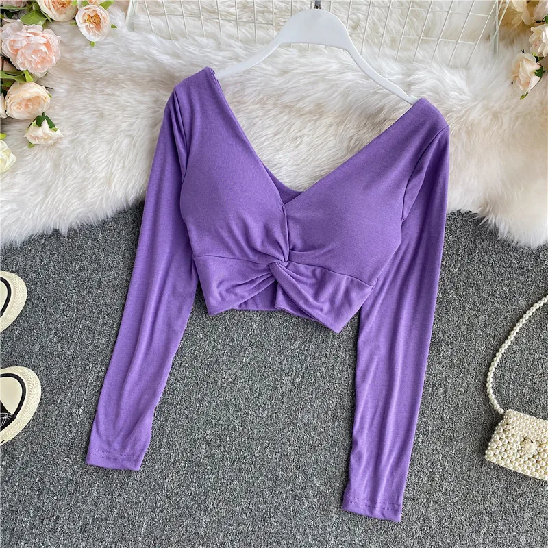 Sexy Knot Low Cut V Ne T irt Women's High Waist ort Top Hong Kong Sle Sve Longevi Autumn New Arrival