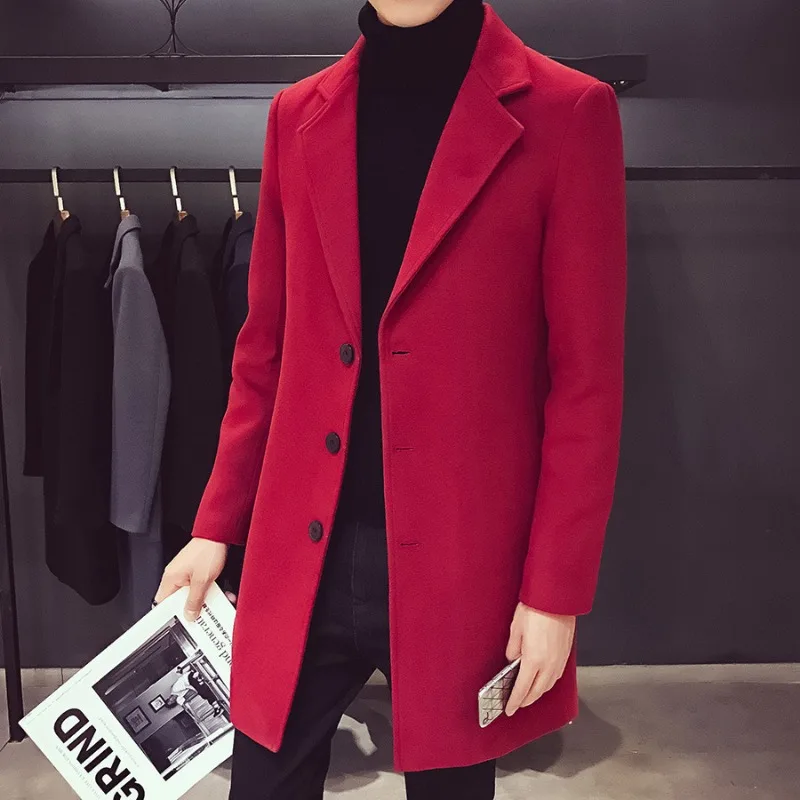 Winter New Men's Medium and Long Trench Coat Korean Version Slim-fitting Woolen Coat Thickened Woolen