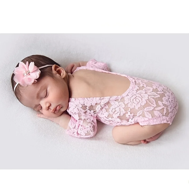 

Baby Costume Newborns Photography Props Lace Clothing Baby Hundred Days Jumpsuit with Headband