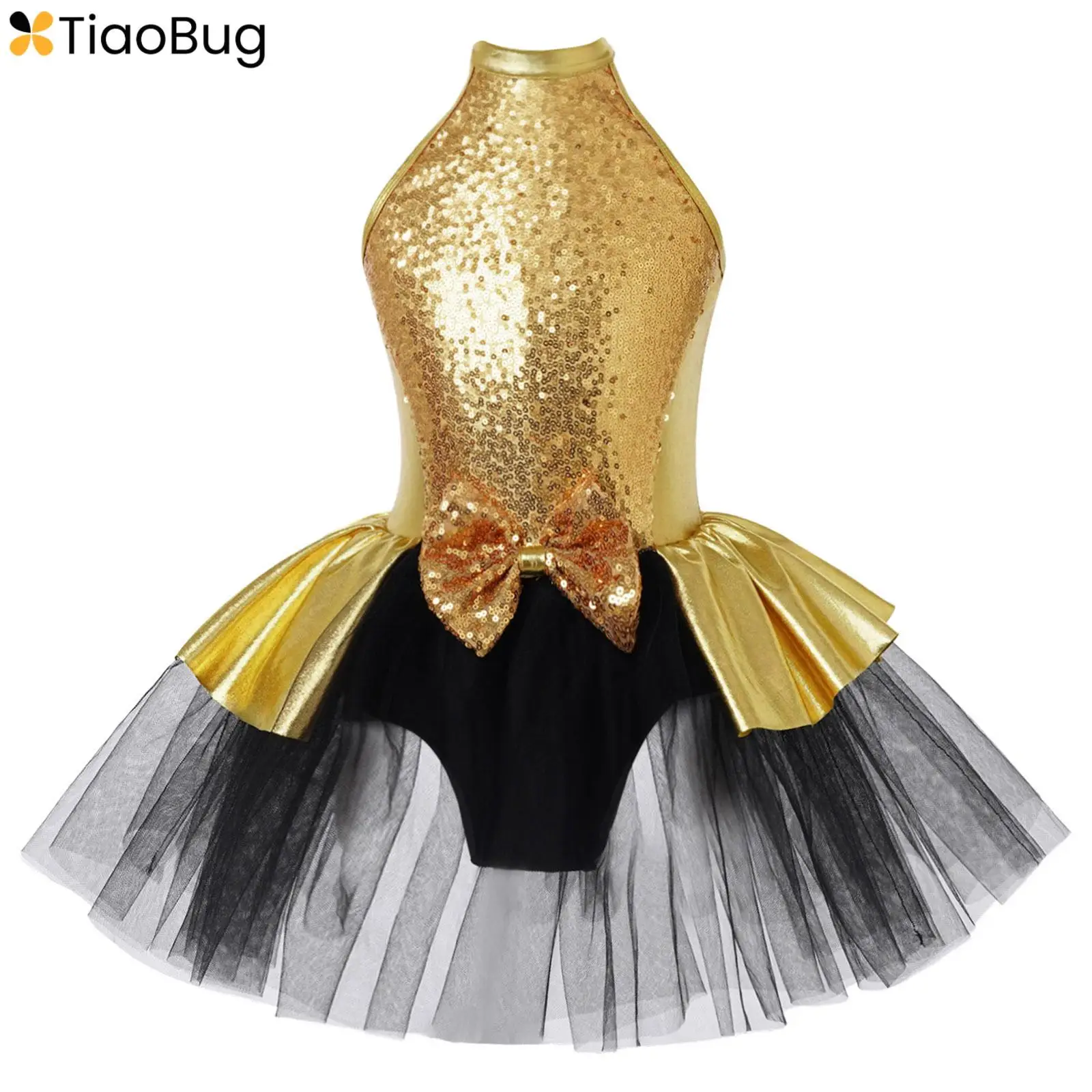 

Kids Girls Sparkly Sequins Sleeveless Ballet Dance Dress Bowknot Decorated Tutu Mesh Skirt Leotard Jazz Latin Ballerina Costume