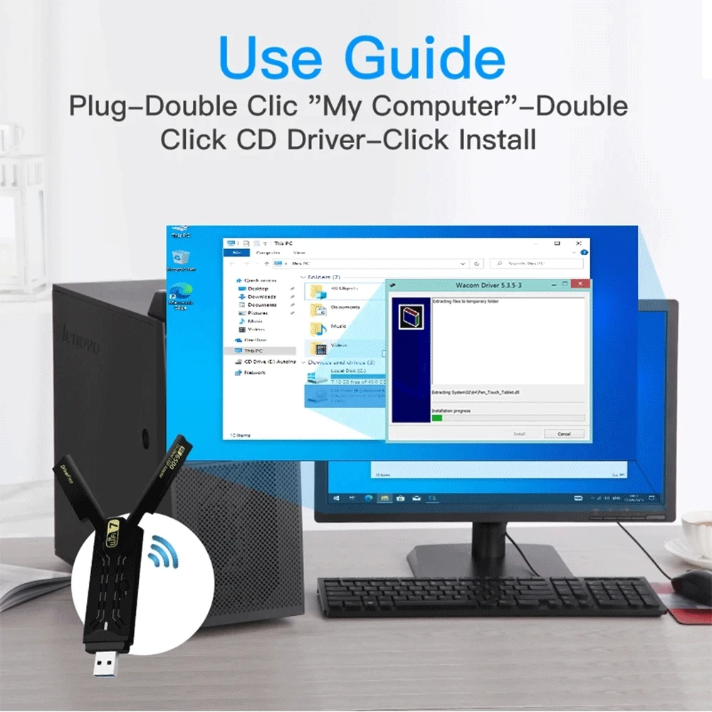 WiFi 7 이더넷 어댑터 6500Mbps USB 3.0 무선 네트워크 카드 트리플 밴드 수신기 PC/노트북용 윈도우 10/11 드라이버 프리