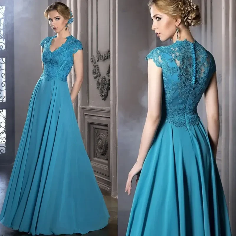 Customize A Line Long Mother of the Bride Dresses V-Neck Capped Sleeve Lace Appliques Floor Length Formal Evening Gowns