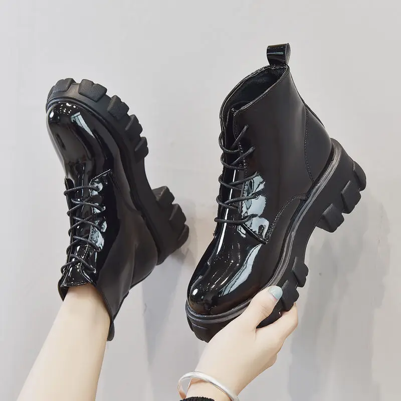 Rock Shoes Woman Ankle Boots  Black Patent Leather Platform Female Luxury Designer Boots Low Heels Booties Round Toe Short Mid