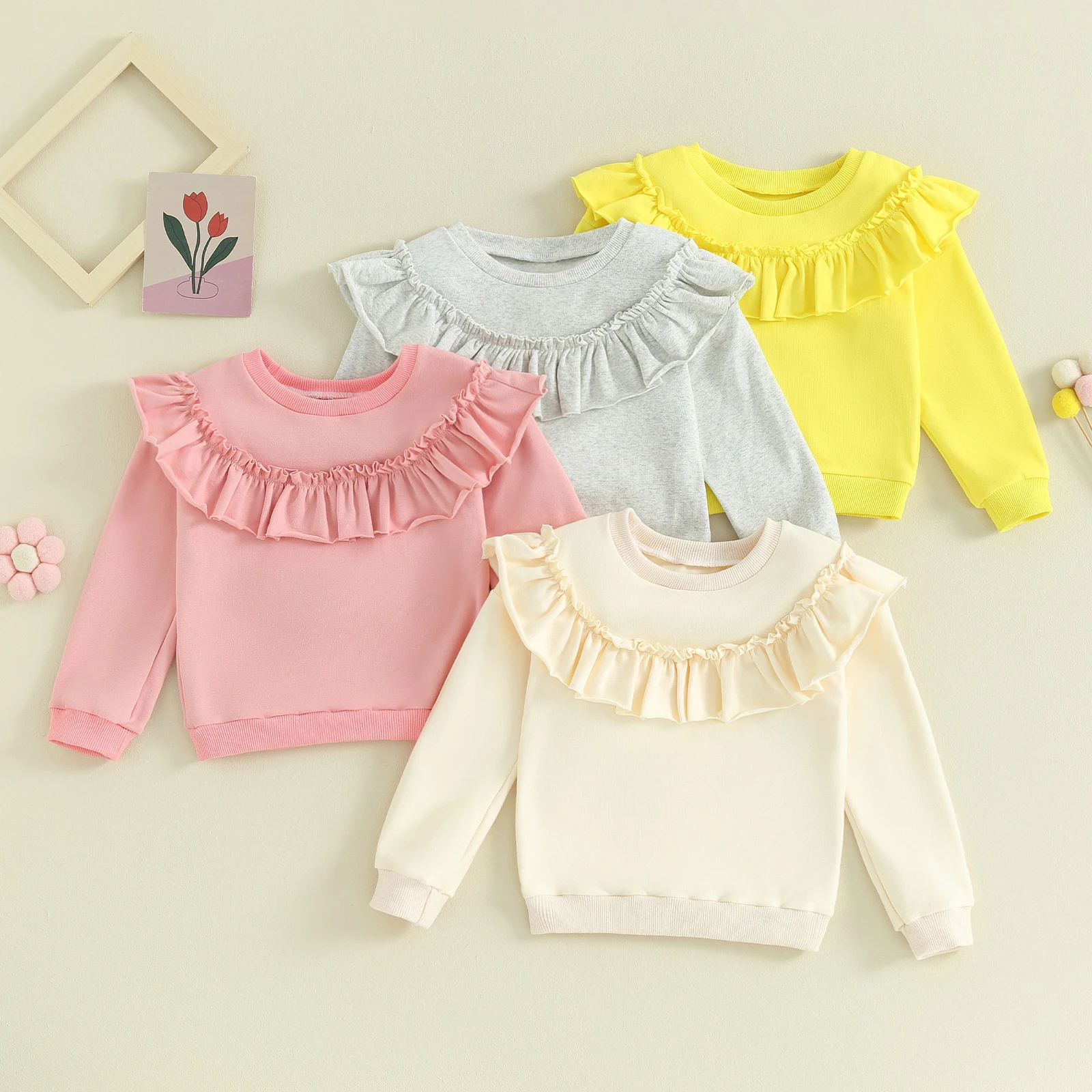 Toddler Kids Baby Girl Ruffle Sweatshirts Long Sleeve Round Neck Solid Color Pullovers Spring Tops 9M-4T girl sweatshirt kids sweatshirt baby girl clothes