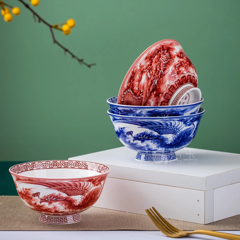 

Tableware Bowl and Dish Set Ceramic Household in-Glaze Decoration Blue and White Dragon and Phoenix SingleBone China Combination