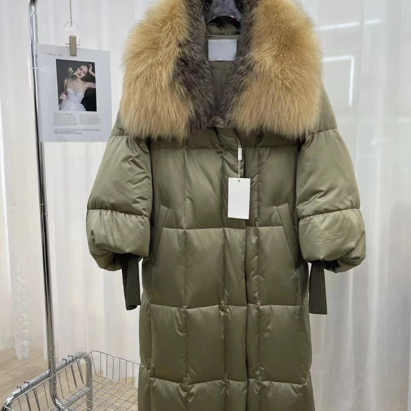 

MENINA BONITA 2023 Real Fox Fur Collar Winter Jacket Women Natural X-Long Loose Thick Warm Goose Down Coat Outerwear Streetwear