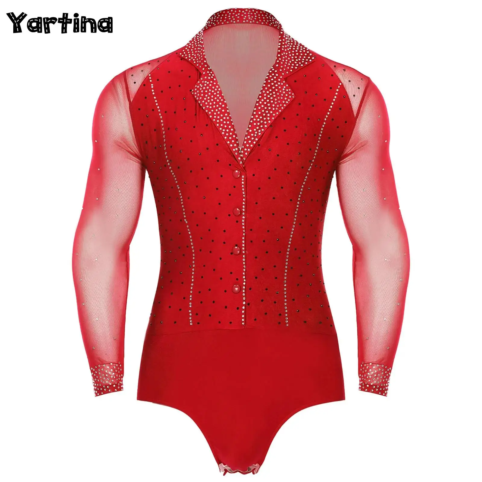 Mens Latin Tango Ballroom Dance Leotard Costume Lapel Collar Sheer Mesh Patchwork Long Sleeve Sparkly Rhinestone Bodysuit dance bodysuit
