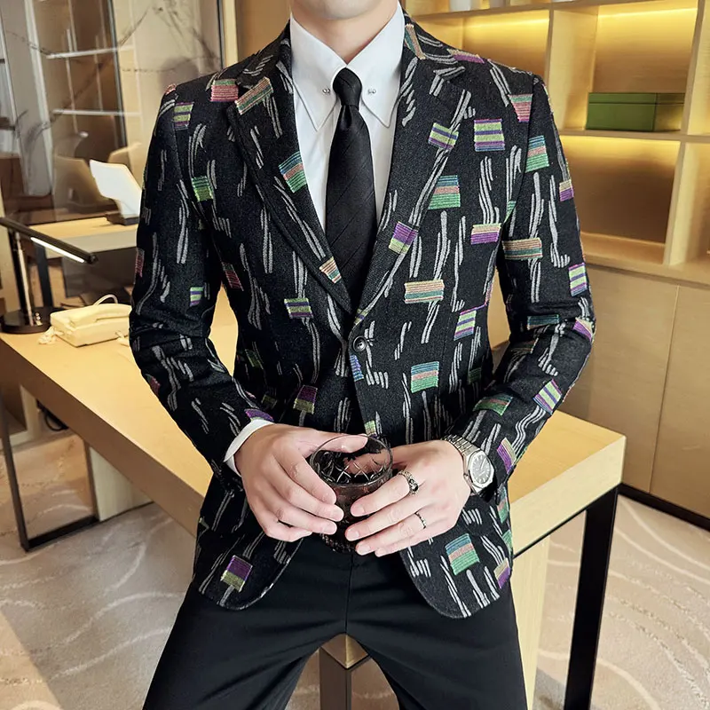 Luxury Denim Jacquard Suit Jacket Men Fashion Slim Fit Men Blazers Casual Business Party Coat Uniform Wedding Social Tops